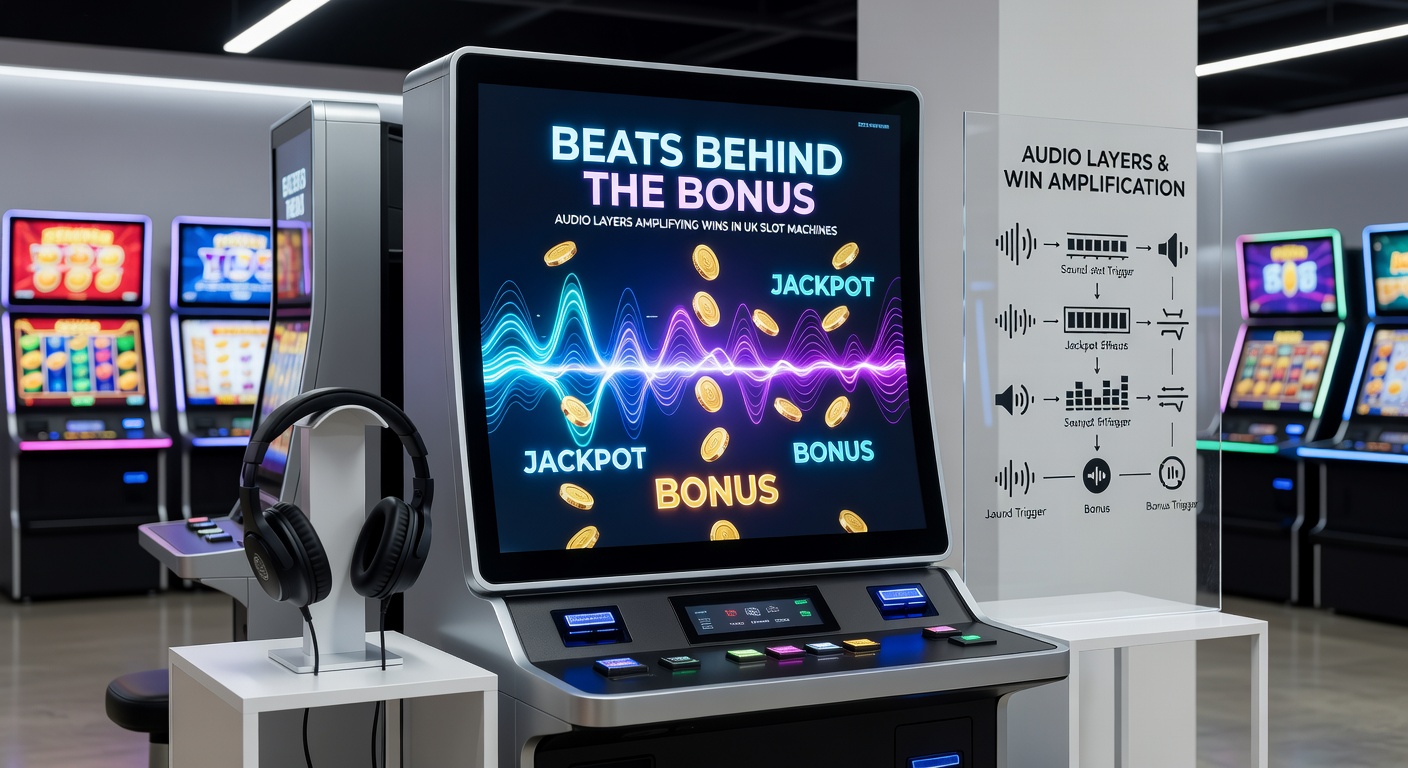 Close-up of a player's hands on a slot machine lever with waveform graphics overlaying the screen, illustrating synchronized audio peaks during a bonus activation