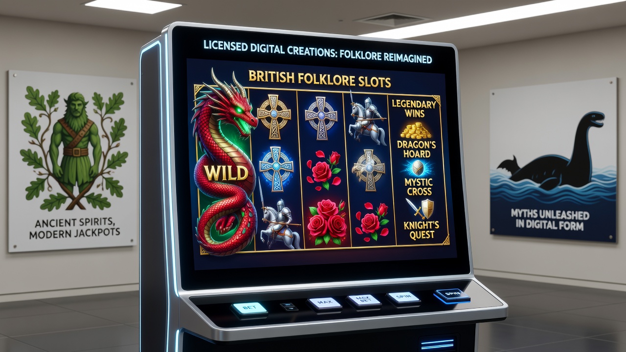 Detailed view of a slot game screen featuring British mythical creatures and ancient symbols on the reels