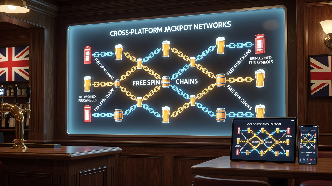 Network diagram illustrating free spin chains linking pub symbols across multiple jackpot platforms
