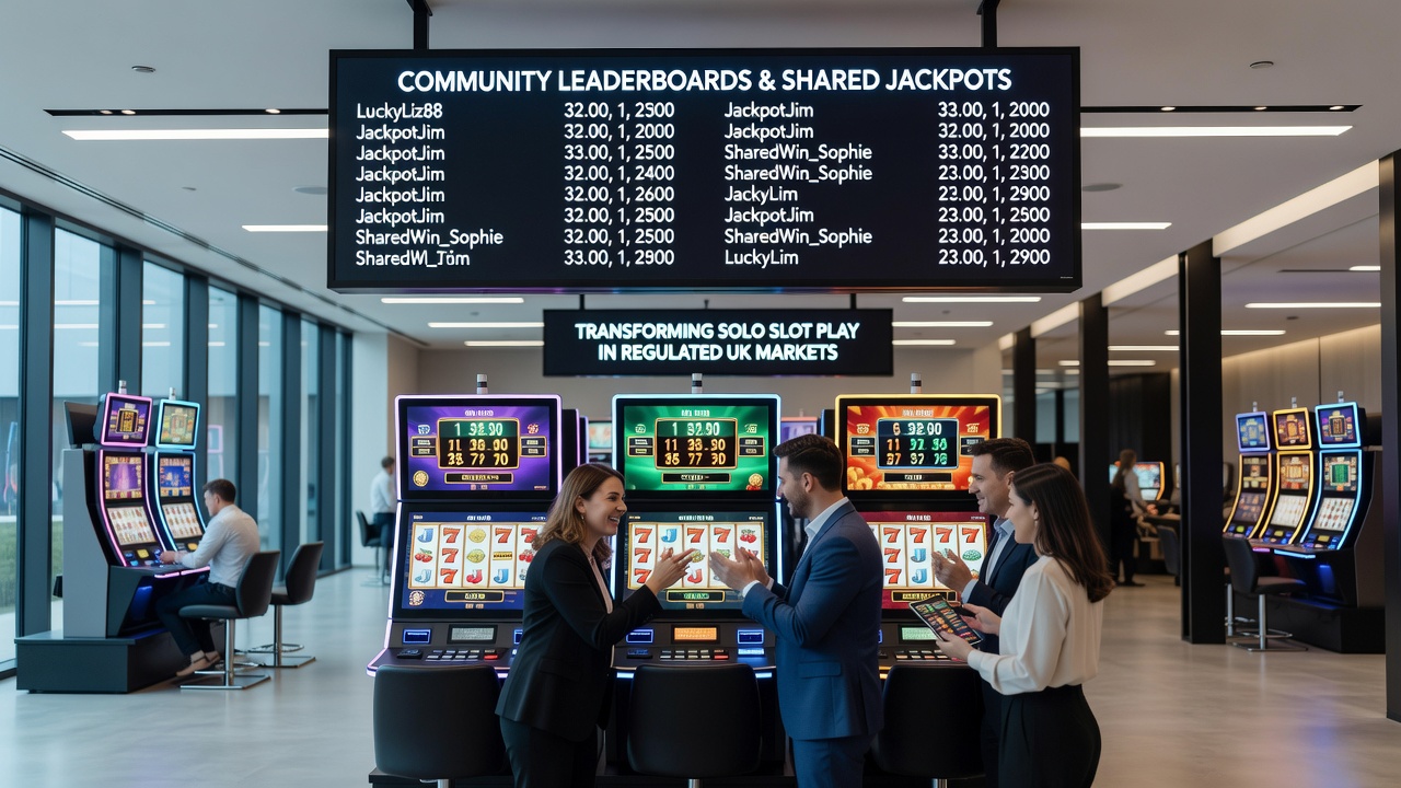 Screenshot example of a shared jackpot meter and community leaderboard display on a UK-regulated slot interface