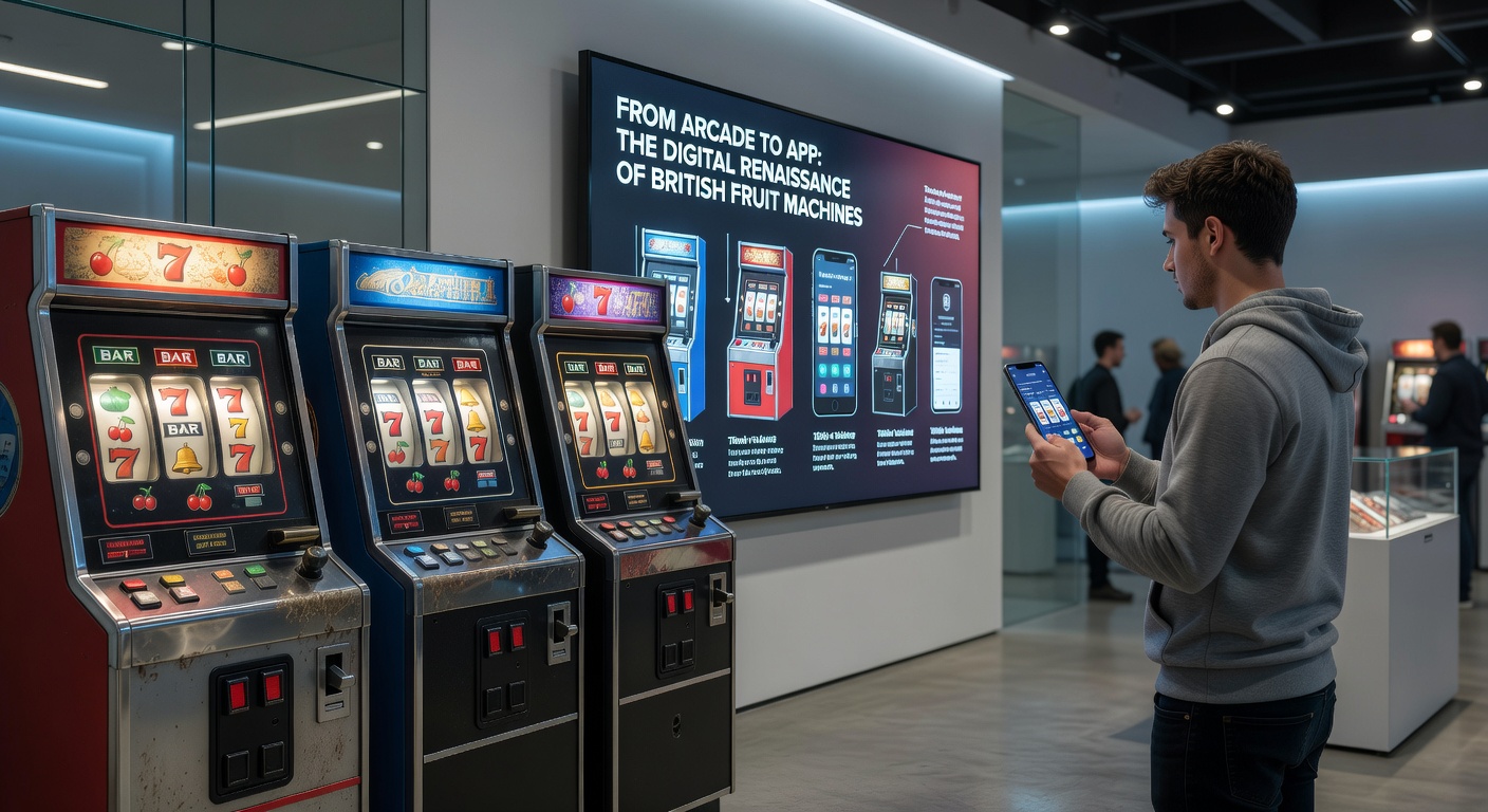 Modern smartphone screen displaying a digital fruit machine app with vibrant reels, nudge buttons, and jackpot counters