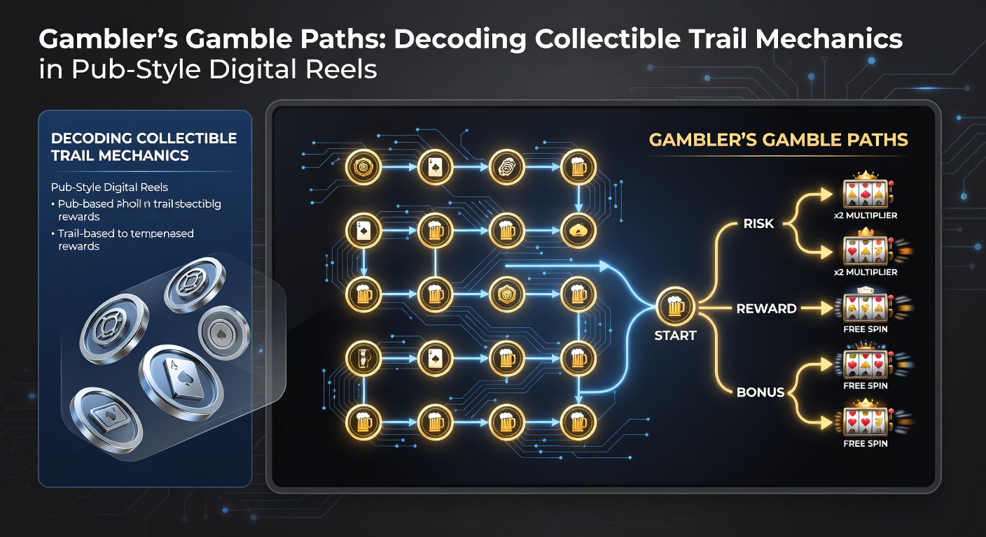 Close-up of a digital pub reel trail mechanic with collected symbols advancing toward a glowing jackpot zone amid fruit symbols and bar graphics