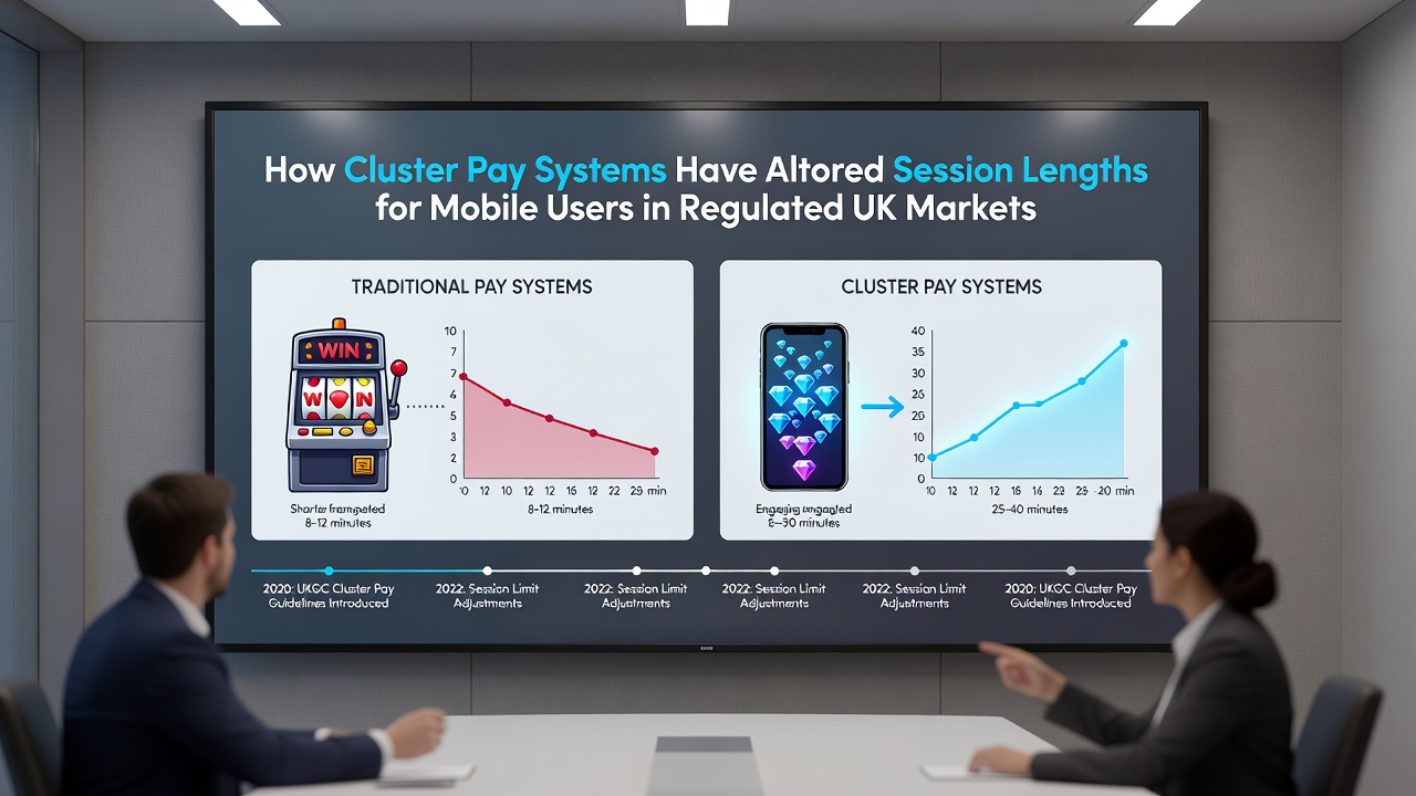 Graph and charts illustrating changes in mobile slot session durations over time
