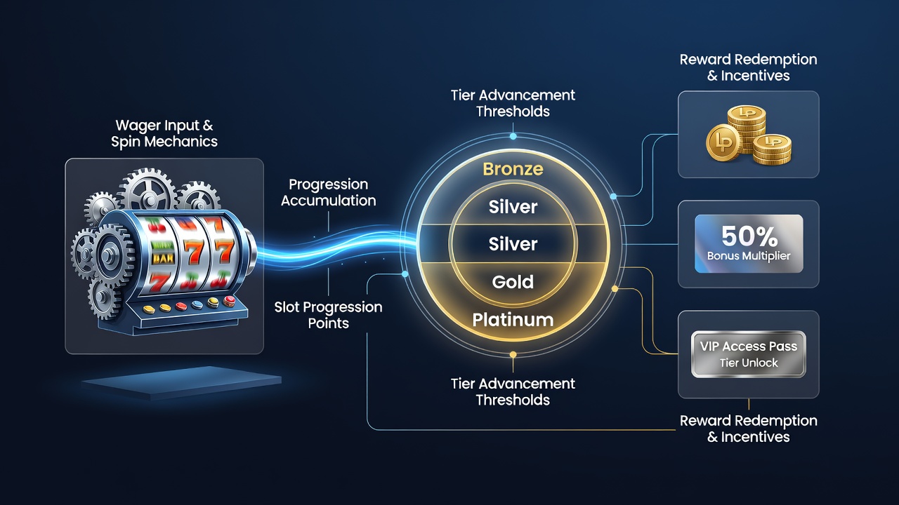 Illustration of loyalty tier progression bars connected to slot feature triggers and incentive unlocks