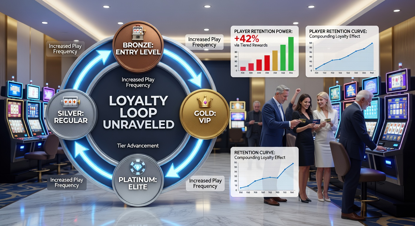 Screenshot of a UK casino app displaying multi-tier loyalty dashboard with points progress, free spins counters, and VIP badge unlocks