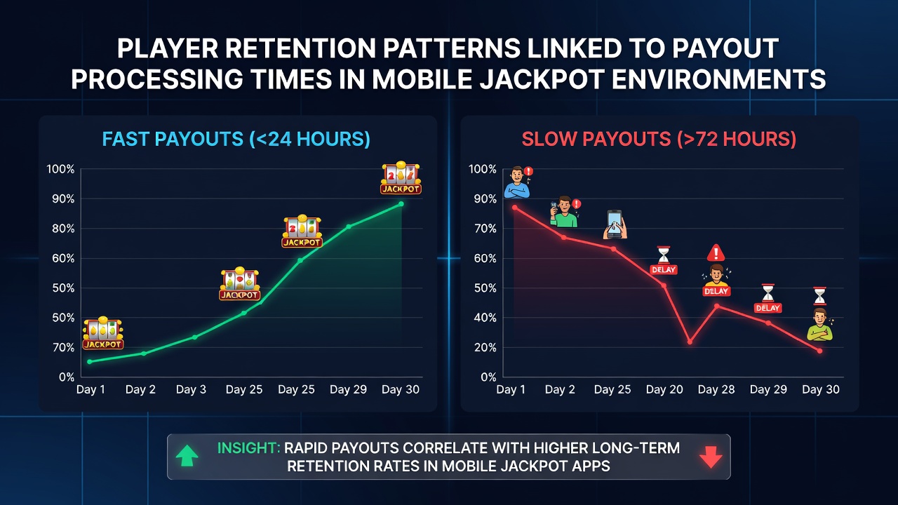 Analytics dashboard displaying retention curves and payout time distributions for mobile jackpot users