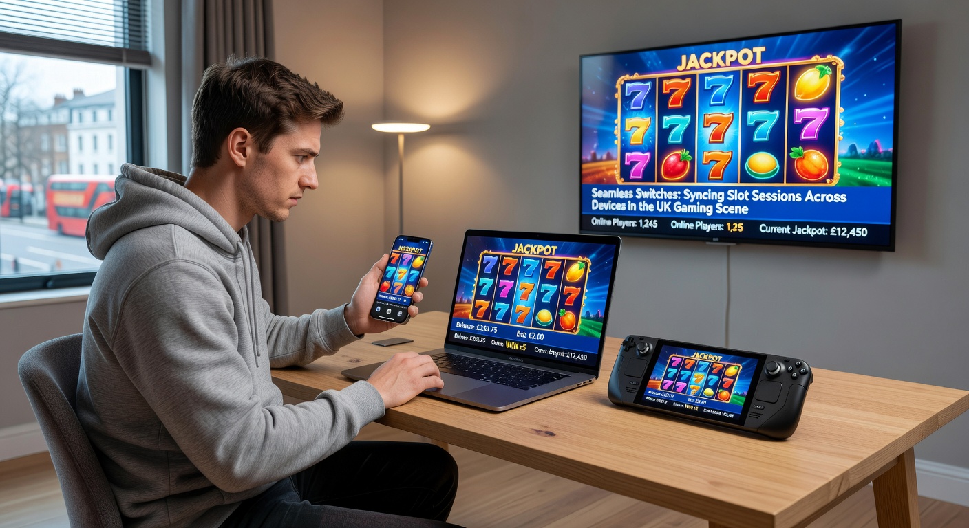 Illustration of slot game interfaces syncing in real-time between a smartphone, tablet, and laptop, showing identical balances and bonus meters