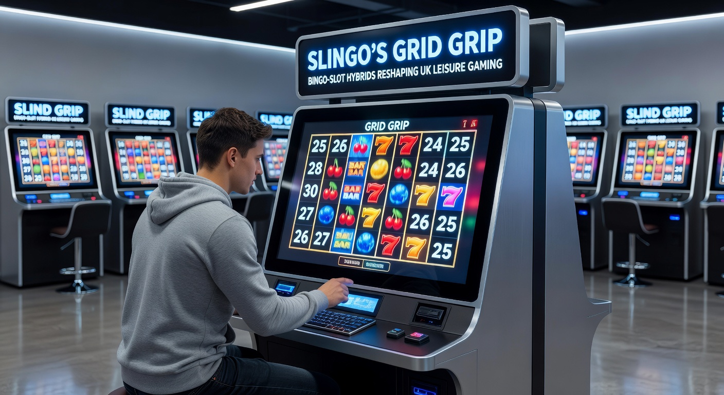 Close-up of a mobile Slingo interface on a smartphone, showing a colorful grid with spinning reels, matched lines glowing, and a jackpot trail progressing