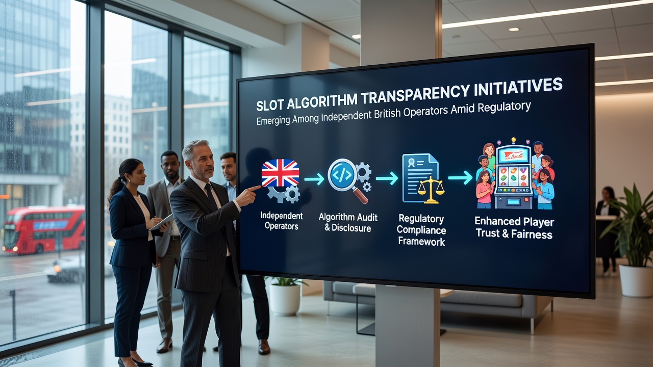 British slot developers reviewing algorithm documentation and transparency reports in a modern office setting